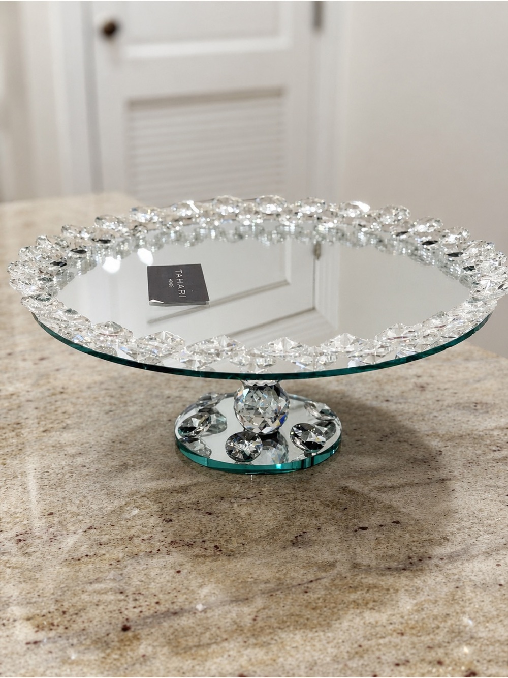 TAHARI Home Mirrored Crystal Cake Stand Pedestal Serving Tray Glam Decor